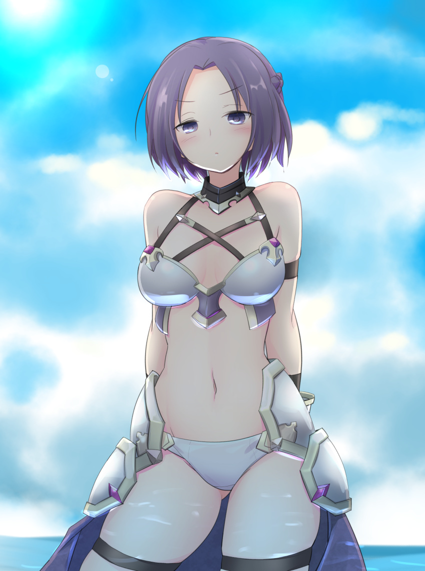 1girl absurdres arm_strap armor arms_behind_back bangs bikini bikini_armor blue_sky blush braid breasts closed_mouth clouds cloudy_sky cowboy_shot crotch_seam day faulds frown half-closed_eyes halterneck highres horizon jun_(princess_connect!) looking_at_viewer medium_breasts moro_(like_the_gale!) navel ocean outdoors princess_connect! purple_hair short_hair sky solo standing swimsuit thigh_strap violet_eyes waist_cape white_bikini