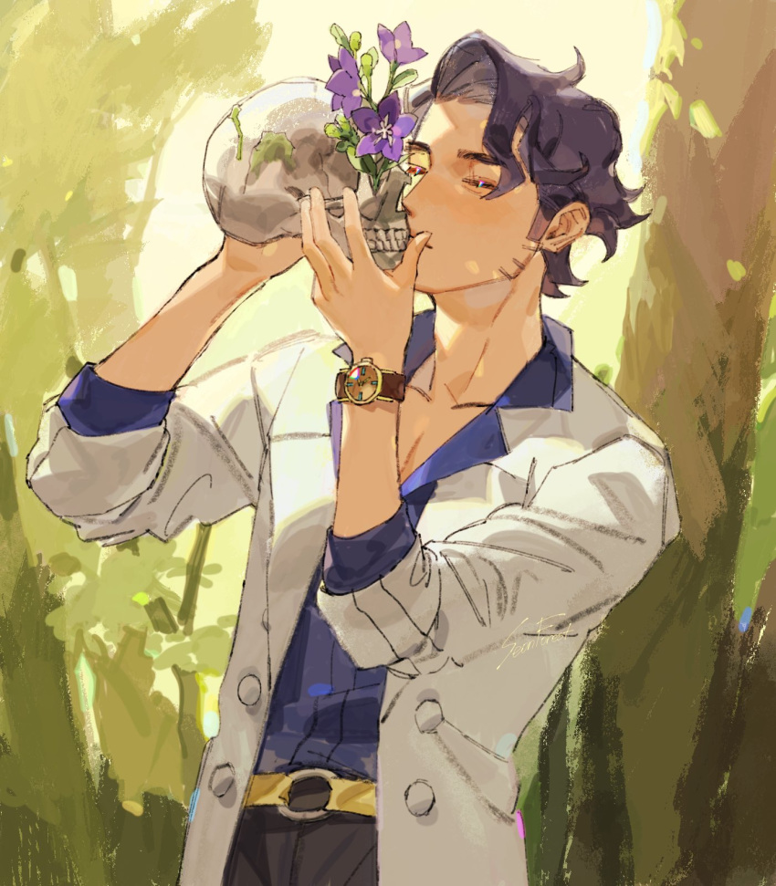 1boy augustine_sycamore black_hair black_pants blue_shirt closed_mouth curly_hair facial_hair flower hands_up highres holding holding_skull labcoat male_focus pants pokemon pokemon_(game) pokemon_xy purple_flower seonforest shirt skull solo watch watch yellow_belt