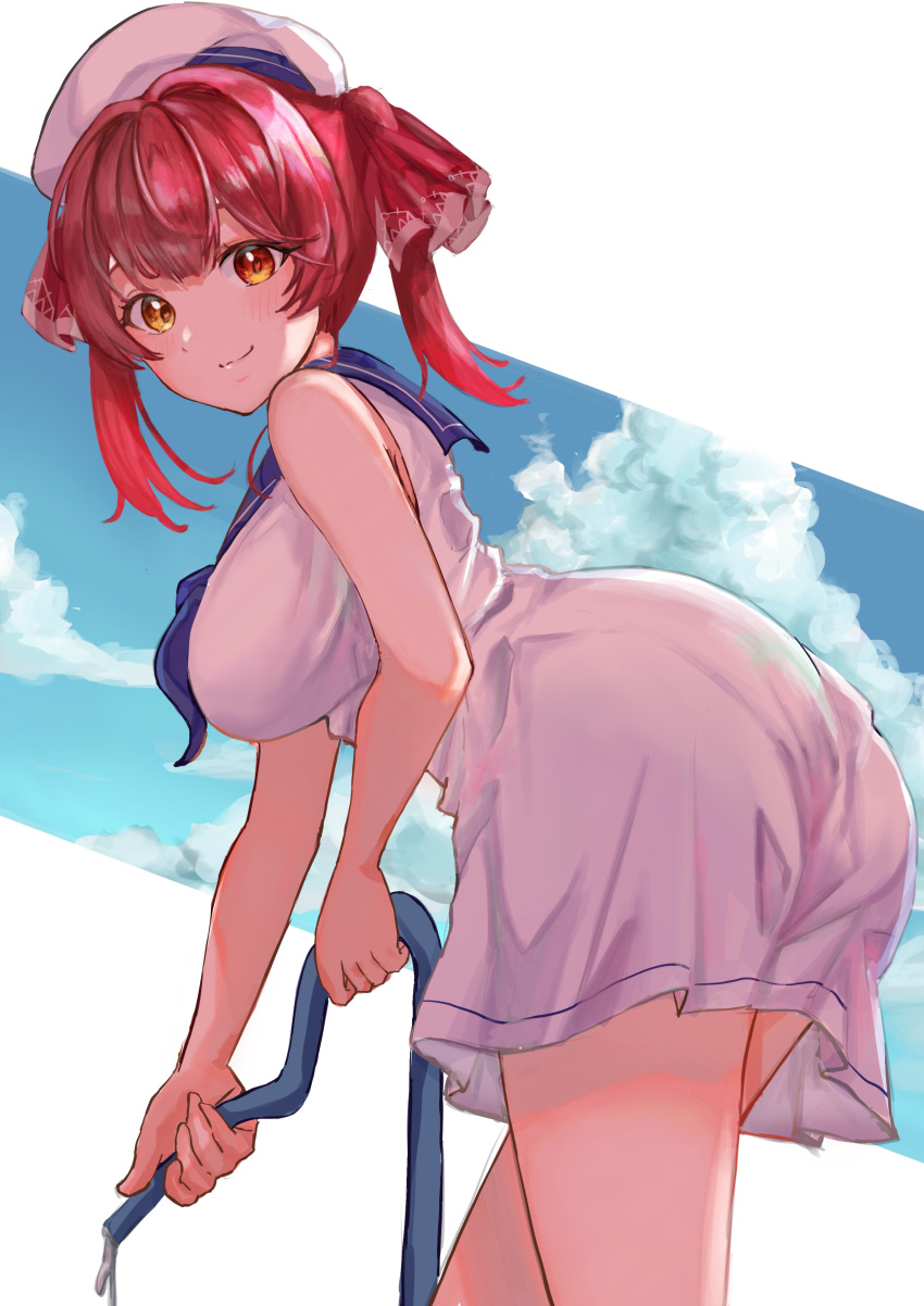 1girl absurdres ass bangs bare_shoulders blue_sky breasts closed_mouth clouds commentary_request cowboy_shot dress hair_ribbon hat heterochromia highres holding holding_hose hololive hose houshou_marine large_breasts leaning_forward long_hair looking_at_viewer looking_to_the_side neckerchief outside_border red_eyes red_ribbon redhead ribbon sailor_collar sailor_dress sailor_hat sky sleeveless sleeveless_dress smile solo tetora_teapot twintails virtual_youtuber white_dress white_headwear yellow_eyes