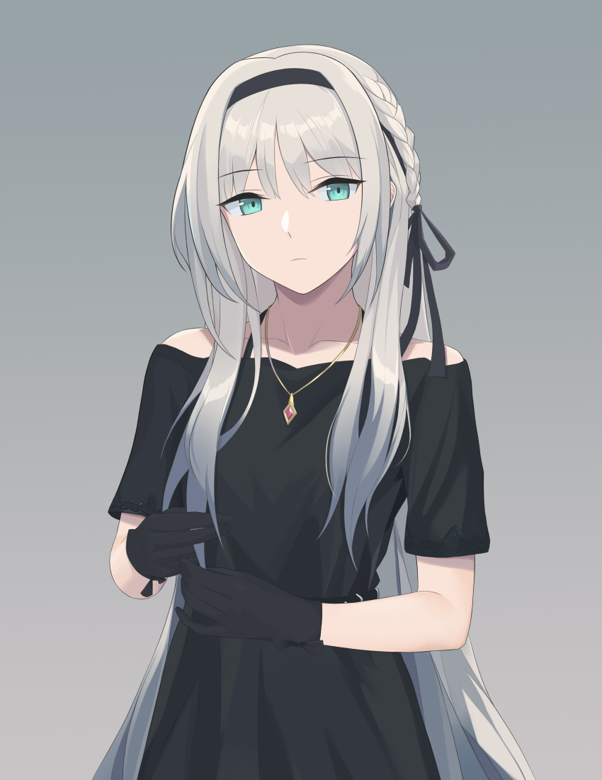 1girl absurdres an-94_(girls_frontline) aqua_eyes bangs bare_shoulders black_dress black_gloves black_hairband black_ribbon braid closed_mouth commentary dress dress_straps english_commentary expressionless eyebrows eyebrows_visible_through_hair girls_frontline gloves grey_background hair_ornament hair_over_shoulder hair_ribbon hairband hands_together head_tilt highres jewelry long_dress long_hair looking_at_viewer necklace off-shoulder_dress off_shoulder pendant platinum_blonde_hair ribbon short_sleeves sidelocks simple_background solo the_void_to_fly very_long_hair