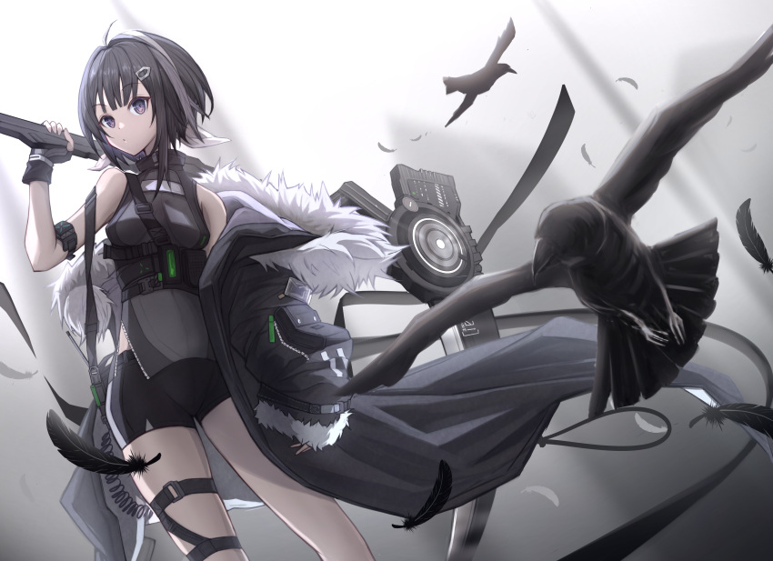1girl absurdres ahoge animal arknights arm_strap bird black_gloves black_hair black_shirt black_shorts breasts crow dutch_angle feathers fingerless_gloves fur-trimmed_hood fur-trimmed_sleeves fur_trim gloves grey_background grey_hair hair_ornament hairclip highres holding holding_scythe holding_weapon hood huge_filesize jacket la_pluma_(arknights) looking_at_viewer medium_breasts multicolored_hair open_clothes open_jacket scythe sene_(nboxdrowing) shirt short_hair shorts solo streaked_hair violet_eyes weapon