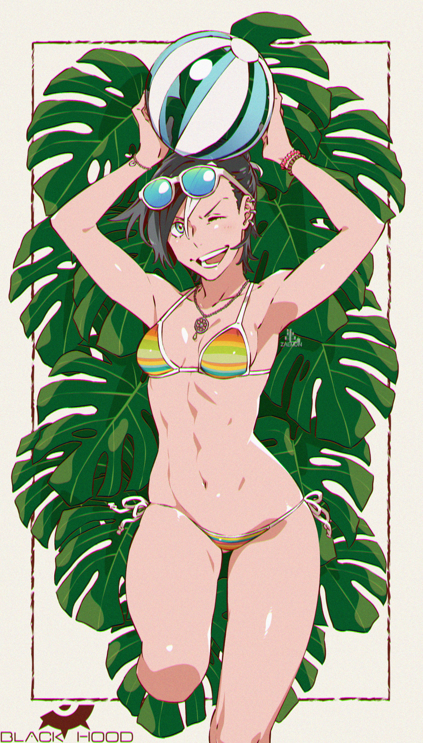 1girl ;d absurdres armpits ball beachball bikini black_hair black_hood blue_eyes bracelet breasts earrings eyewear_on_head highres jewelry kamezaemon looking_at_viewer navel necklace one_eye_closed open_mouth original short_hair smile solo sunglasses swimsuit teeth white_hair