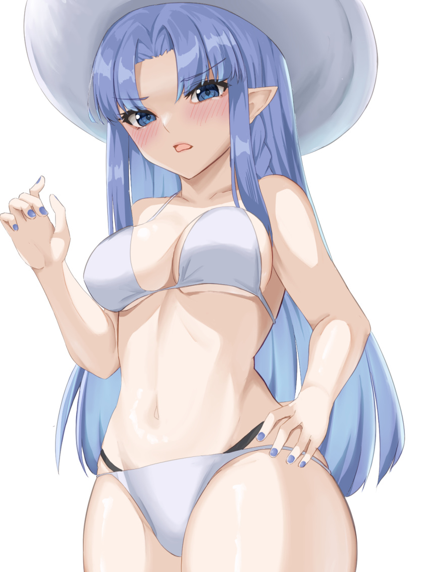 1girl 72_(mmmmkk) bare_shoulders bikini black_panties blue_eyes blue_hair blue_nails blush braid breasts collarbone commentary_request cowboy_shot eyebrows_visible_through_hair fate/grand_order fate/stay_night fate_(series) from_below hand_on_hip hand_up hat highres long_hair looking_at_viewer medea_(fate) medium_breasts navel open_mouth panties pointy_ears side_braid simple_background solo stomach sun_hat swimsuit underwear white_background white_bikini white_headwear