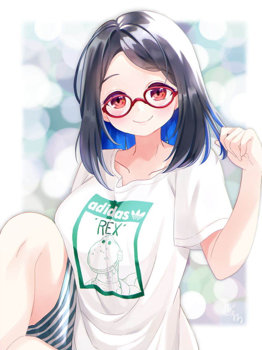 1girl adidas bangs blue_hair breasts brown_eyes clenched_hand closed_mouth collarbone glasses highres kson large_breasts looking_at_viewer nashi_rin real_life red-framed_eyewear shirt short_hair short_sleeves shorts smile solo swept_bangs t-shirt white_shirt