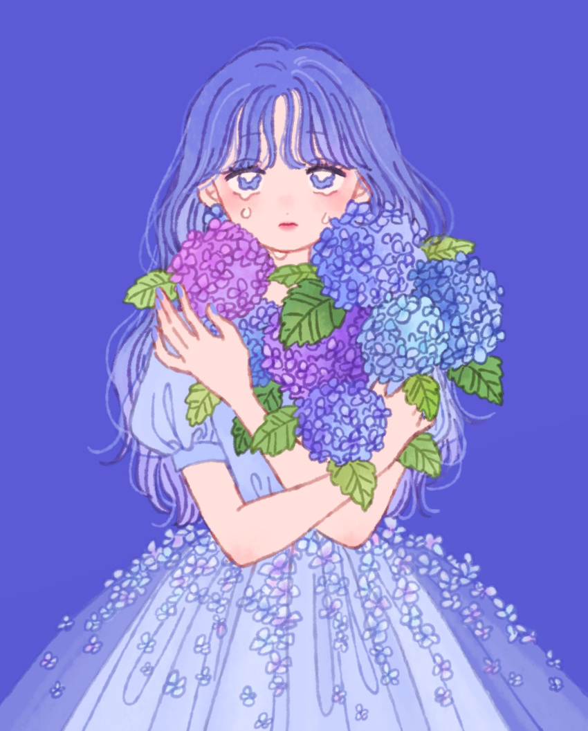 1girl blue_flower crying crying_with_eyes_open dress floral_dress floral_print flower highres holding holding_flower hydrangea leaf original puffy_short_sleeves puffy_sleeves purple_background purple_dress purple_flower purple_hair rikuwo short_sleeves solo teardrop tears violet_eyes watery_eyes