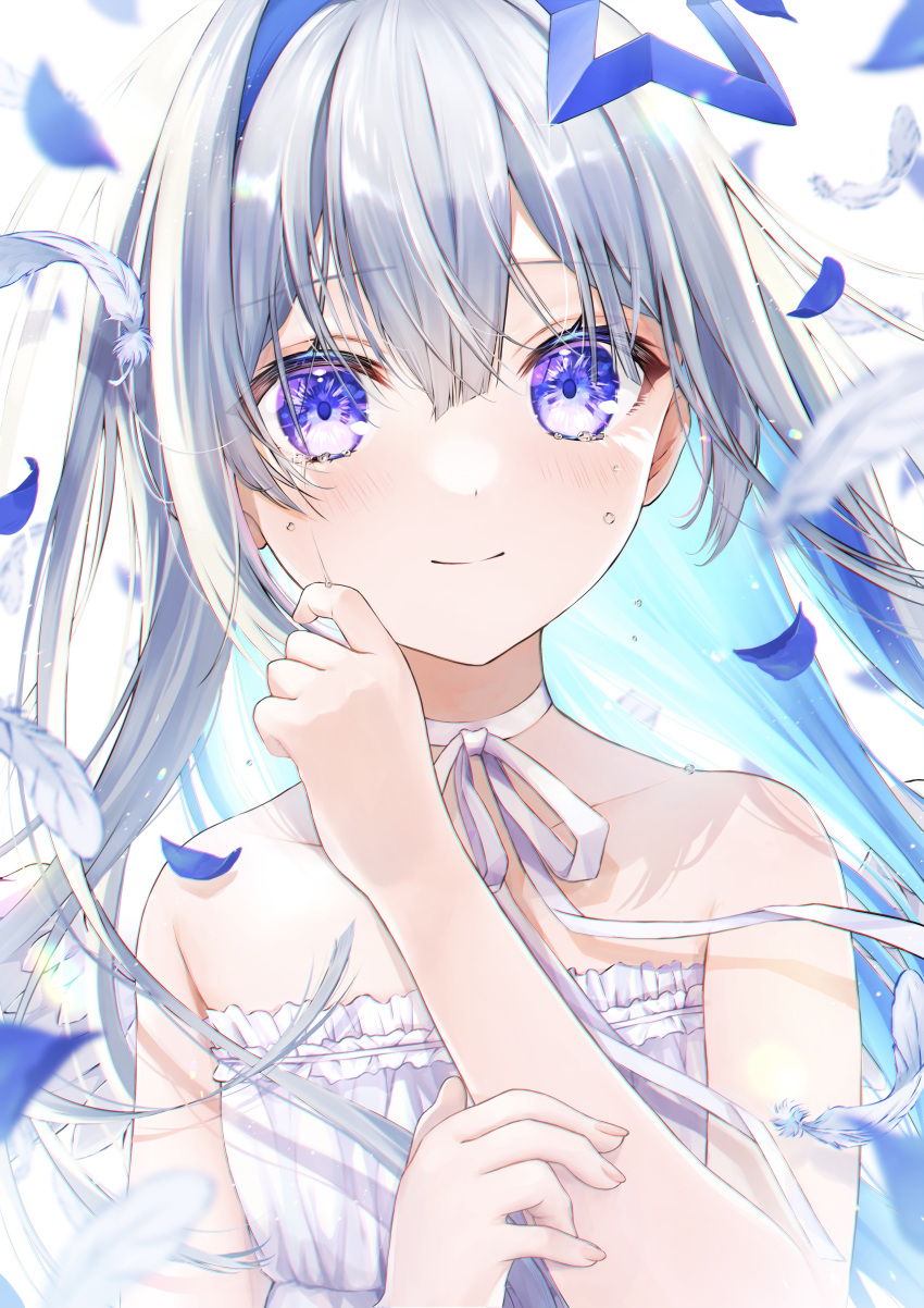 1girl absurdres amane_kanata bare_arms bare_shoulders blue_hair blush choker closed_mouth collarbone colored_inner_hair crying crying_with_eyes_open dress feathers halo highres hololive kabi_akaru long_hair multicolored_hair ribbon ribbon_choker silver_hair simple_background smile solo strapless strapless_dress tears two-tone_hair upper_body violet_eyes virtual_youtuber white_background white_choker white_dress white_ribbon