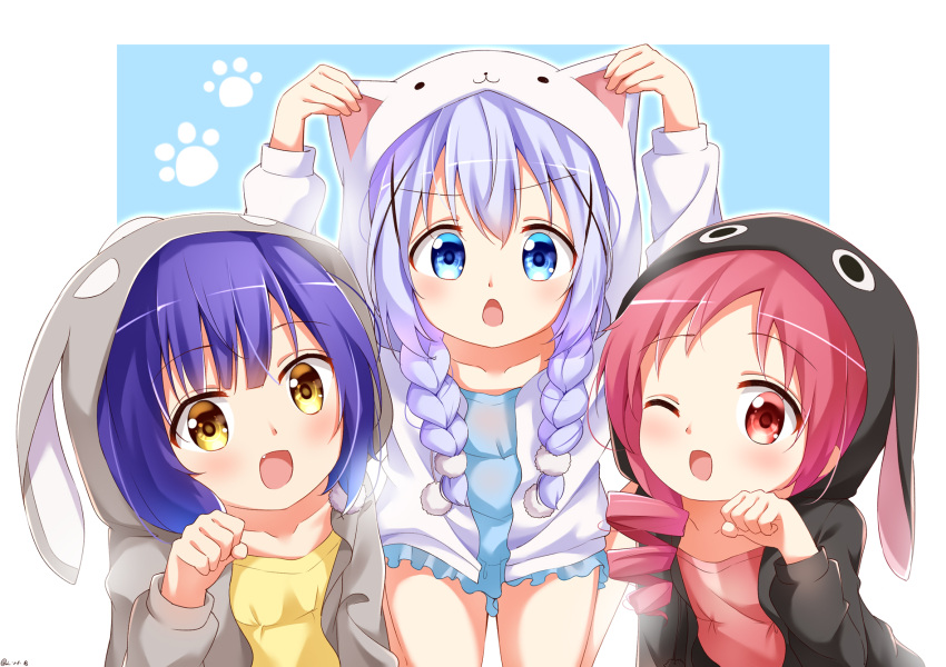 3girls animal_ears animal_hood black_hoodie blue_eyes blue_hair braid bunny_hood chimame-tai chinese_commentary collarbone drill_hair eyebrows_visible_through_hair fake_animal_ears fang gochuumon_wa_usagi_desu_ka? grey_hoodie hair_ornament highres hood hoodie jouga_maya kafuu_chino long_hair long_sleeves looking_at_viewer multiple_girls natsu_megumi one_eye_closed open_mouth painter-lhb rabbit_ears red_eyes redhead short_hair smile twin_braids twitter_username white_hoodie x_hair_ornament yellow_eyes