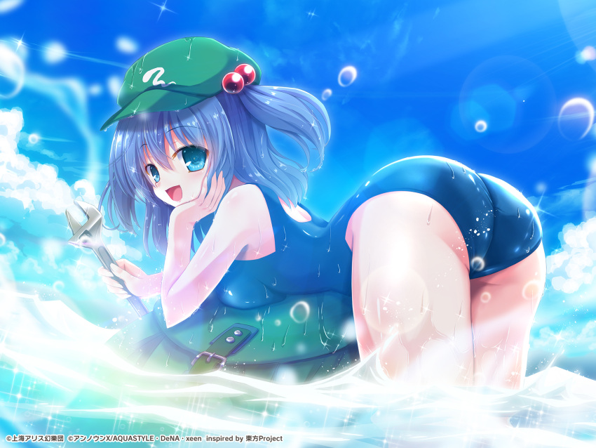 1girl ass backpack bag blue_hair blue_sky blue_swimsuit blush breasts clouds cloudy_sky danmakujp droplets eyebrows_visible_through_hair green_eyes green_headwear hair_between_eyes hat highres kawashiro_nitori looking_at_viewer looking_back lying on_stomach open_mouth sky solo sparkle swimsuit touhou touhou_danmaku_kagura two_side_up wet wet_clothes wrench