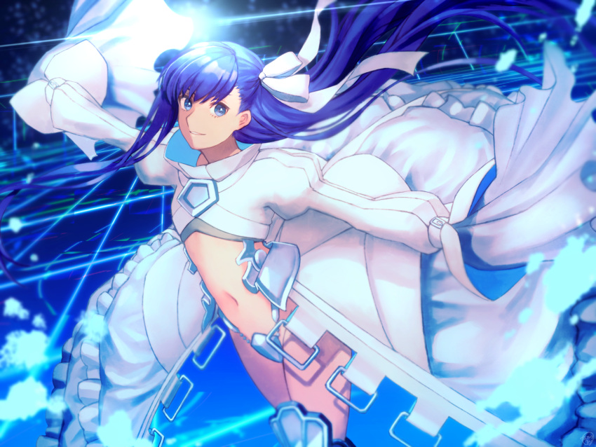 1girl armored_boots bangs blue_eyes blue_ribbon boots breasts cropped_jacket crotch_plate fate/extra fate/extra_ccc fate/grand_order fate_(series) hair_ribbon highres jacket kankitsurui_(house_of_citrus) long_hair long_sleeves looking_at_viewer meltryllis_(fate) navel prosthesis prosthetic_leg purple_hair ribbon sleeves_past_fingers sleeves_past_wrists small_breasts smile very_long_hair white_jacket