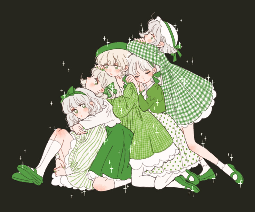 5girls beret black_background bob_cut bonnet bow child closed_eyes color_coordination dress family frilled_dress frills gingham green_bow green_dress green_eyes green_footwear green_headwear green_jacket green_ribbon green_skirt hair_bow hair_ribbon hand_on_another's_shoulder hat head_rest headband highres hug hugging_own_legs jacket leaning_on_person lineup long_sleeves look-alike mary_janes matching_eye_color matching_hairstyle matching_outfit monochrome multiple_girls original petite plaid plaid_dress polka_dot polka_dot_dress ribbon rikuwo sandwiched shirt shoes short_hair siblings sisters sitting skirt socks sparkle striped striped_dress teenage white_hair white_legwear white_shirt