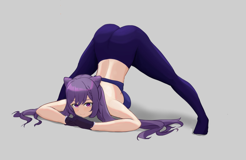 1girl all_fours ass bangs bent_over breasts closed_mouth double_bun full_body genshin_impact gloves grey_background hair_cones highres jack-o'_challenge keqing_(genshin_impact) long_hair looking_at_viewer pants purple_gloves purple_hair purple_legwear simple_background smile split sports_bra sportswear spread_legs taiko_bo top-down_bottom-up twintails violet_eyes yoga_pants