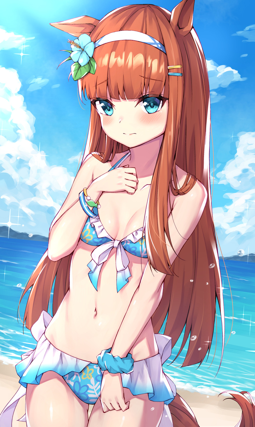 1girl absurdres animal_ears ass_visible_through_thighs bangs bare_shoulders bikini blue_bikini blue_eyes blue_flower blue_sky blush breasts brown_hair clouds cloudy_sky collarbone commentary_request day eyebrows_visible_through_hair flower frilled_bikini frills hair_flower hair_ornament hairband hairclip hand_up highres horse_ears horse_girl horse_tail long_hair masaki_(msk064) navel outdoors silence_suzuka_(umamusume) sky small_breasts solo sparkle swimsuit tail thigh_gap umamusume very_long_hair water white_hairband