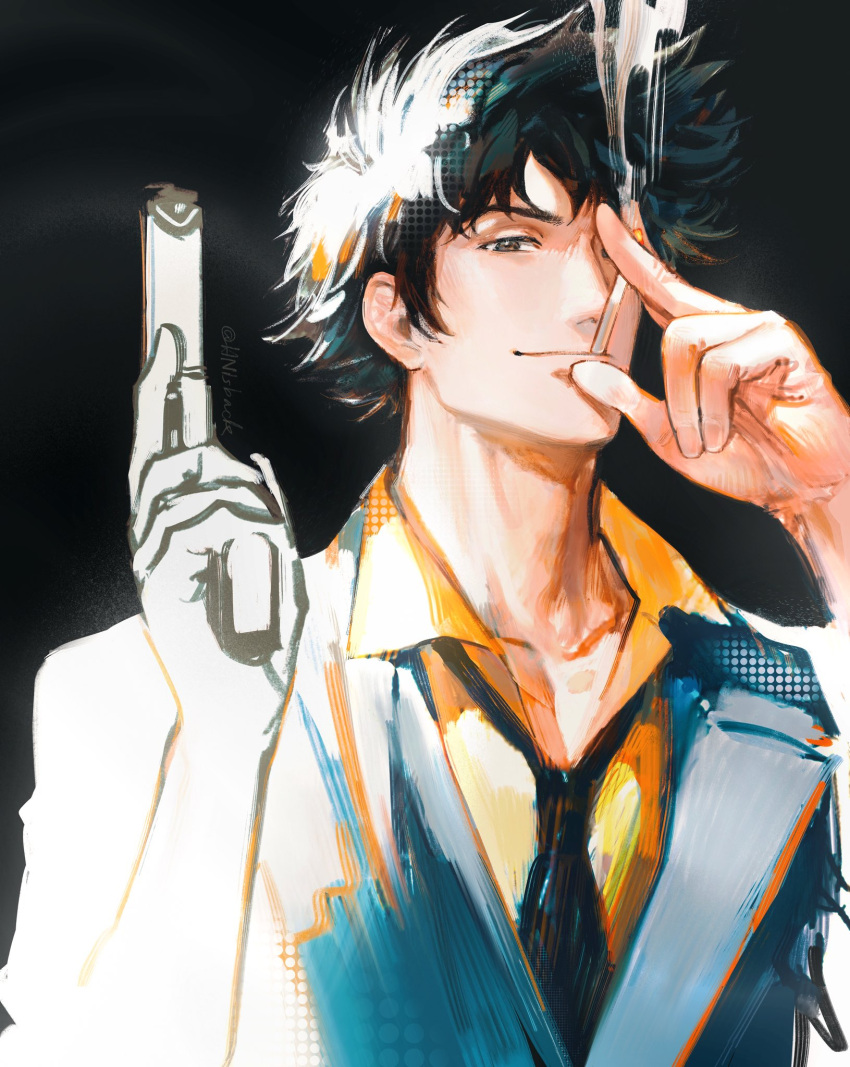 1boy black_hair black_neckwear brown_eyes cigarette collarbone collared_shirt cowboy_bebop gun handgun highres holding holding_gun holding_weapon long_hair long_sleeves looking_at_viewer nashi_y necktie shirt short_hair sleeves_rolled_up smile smoke_trail smoking solo spike_spiegel upper_body weapon yellow_shirt