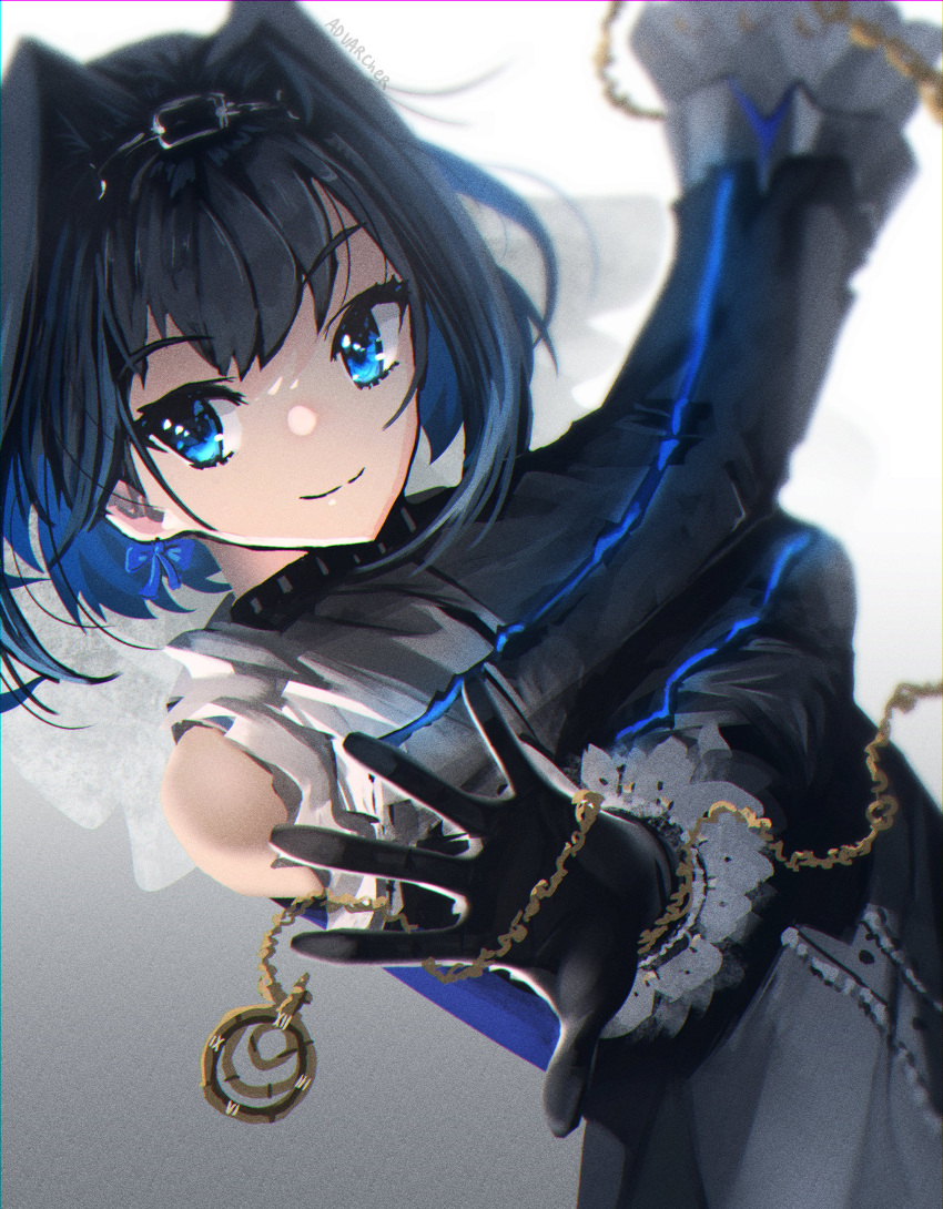 1girl absurdres anonamos blue_eyes blue_hair bow bow_earrings detached_sleeves earrings hair_intakes head_chain highres hololive hololive_english jewelry ouro_kronii pocket_watch short_hair simple_background smile solo virtual_youtuber watch
