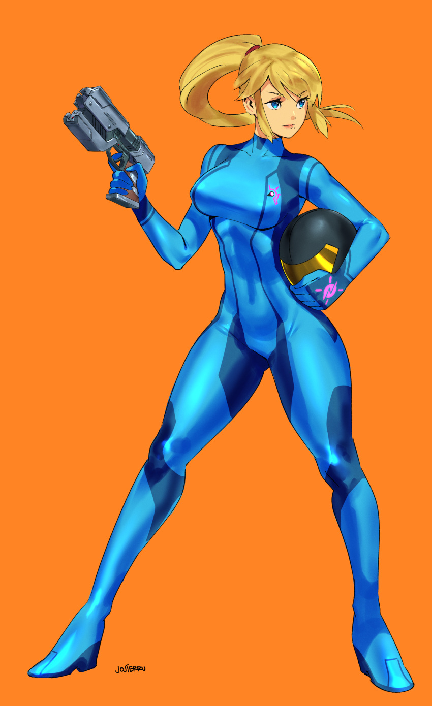 1girl absurdres bangs blonde_hair blue_eyes blush bodysuit breasts eyebrows_visible_through_hair full_body gun highres holding holding_gun holding_weapon impossible_clothes large_breasts lips long_hair metroid metroid_(classic) orange_background ponytail samus_aran sidelocks signature simple_background skin_tight solo unknownid weapon zero_suit