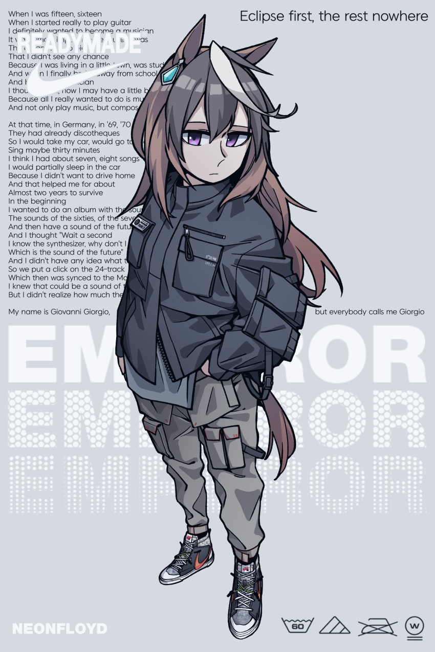 1girl absurdres alternate_costume animal_ears black_hair brown_hair cargo_pants character_name commentary daft_punk earrings english_commentary english_text grey_background highres horse_ears horse_girl horse_tail iron jewelry long_hair multicolored_hair nike pants parka readymade shoes signature single_earring sneakers solo symboli_rudolf_(umamusume) tail text_focus umamusume violet_eyes waffle_drink white_hair