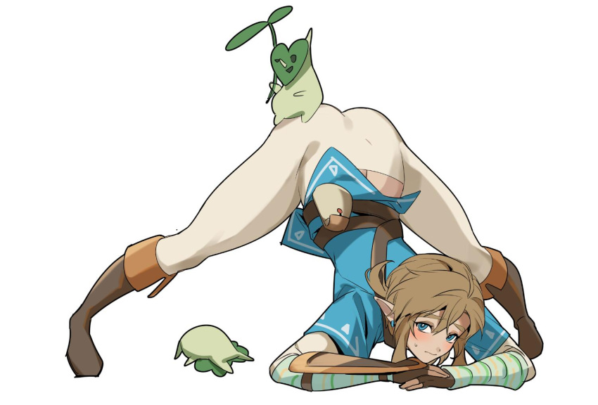 1boy 2others blonde_hair blue_eyes blush boots earrings gloves jack-o'_challenge jewelry kokiri leaf link looking_at_viewer medium_hair meme multiple_others pouch sea_urchin_(925994758) sweatdrop the_legend_of_zelda white_background