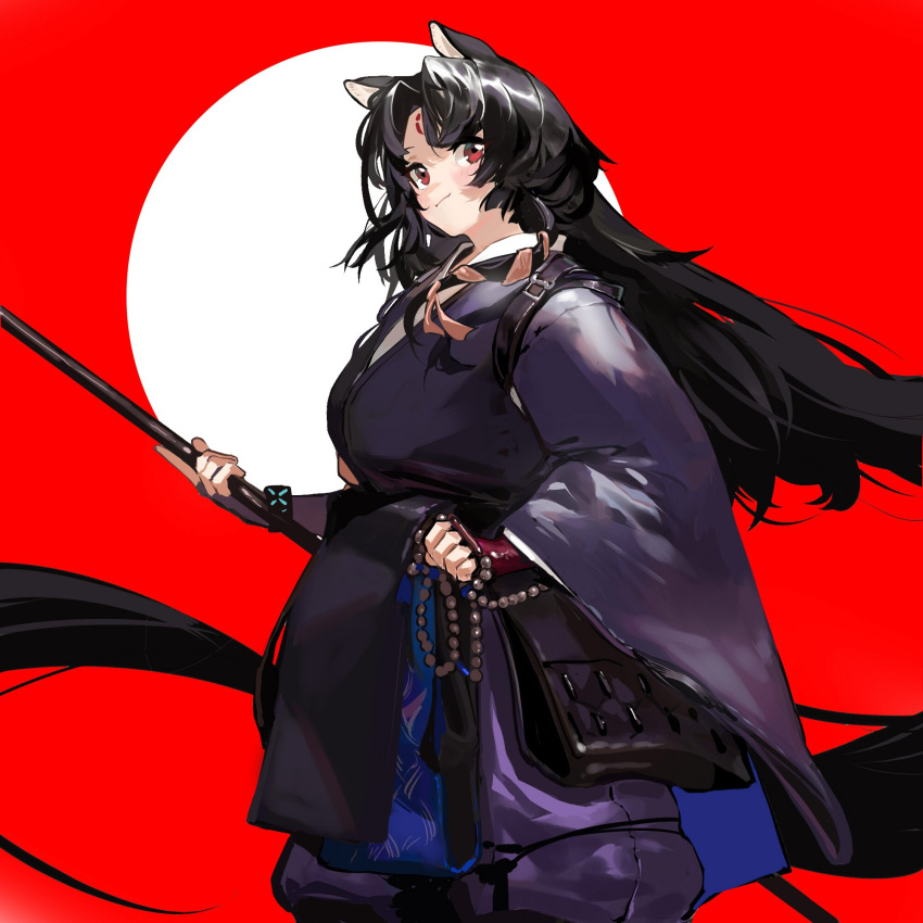 1girl animal_ears arknights beads black_kimono dog_ears dog_girl facial_mark forehead_mark gloves highres holding_naginata japanese_clothes kimono naginata pants polearm prayer_beads prossss puffy_pants purple_gloves purple_kimono purple_pants red_background saga_(arknights) shiba_inu solo weapon white_background