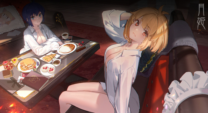 2girls antenna_hair arcueid_brunestud bangs blonde_hair blue_eyes blue_hair blueberry book breasts cake chromatic_aberration ciel_(tsukihime) coffee couch cup curry curry_rice dress_shirt elbows_on_table feixiang_de_huojiren food fruit head_tilt highres indoors knife legs_together light_particles looking_at_viewer medium_breasts morning multiple_girls naked_shirt nekoarc no_pants on_couch open_clothes open_shirt pancake parted_lips photo_(object) pillow red_eyes rice rug shirt short_hair sitting smile sunlight table tsukihime white_shirt