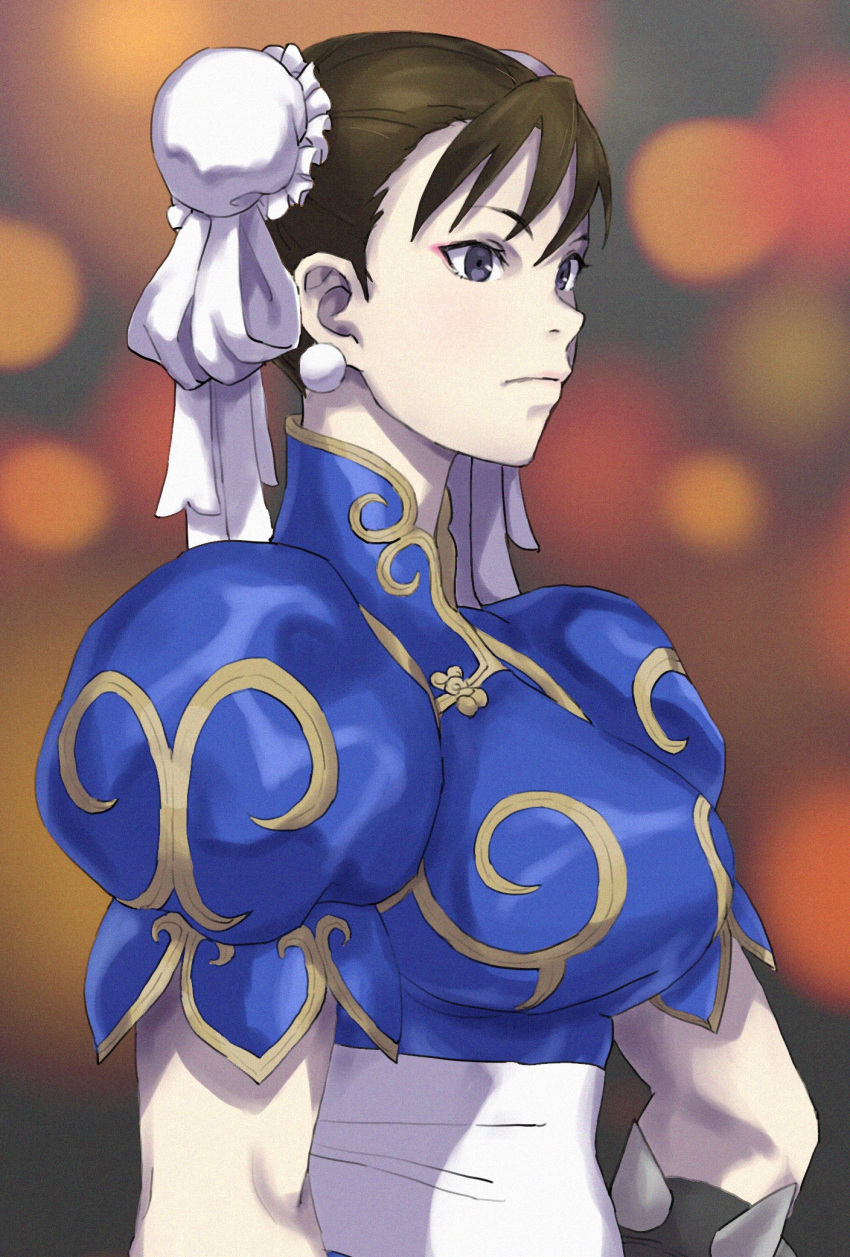 1girl bracelet breasts brown_hair bun_cover chinese_clothes chun-li closed_mouth double_bun earrings eyebrows_visible_through_hair eyeliner facing_away frown grey_eyes hair_between_eyes highres jewelry large_breasts makeup mandarin_collar nose pretty-purin720 puffy_short_sleeves puffy_sleeves red_eyeliner short_hair short_sleeves solo spiked_bracelet spikes street_fighter upper_body