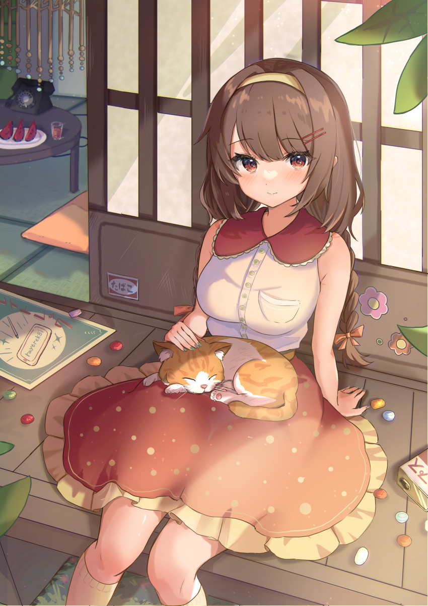 1girl absurdres amefukura_art animal animal_on_lap bangs bare_arms bare_shoulders blush bow braid breasts brown_bow brown_eyes brown_hair brown_hairband brown_legwear cat closed_mouth collared_shirt commentary_request day dress_shirt eyebrows_visible_through_hair feet_out_of_frame frilled_skirt frills hair_bow hairband highres kneehighs long_hair looking_at_viewer low_twintails medium_breasts original outdoors phone plate red_skirt shirt skirt sleeveless sleeveless_shirt smile solo table twin_braids twintails very_long_hair watermelon_slice white_shirt