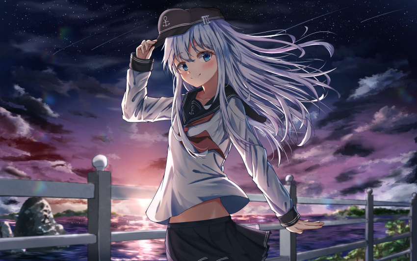 1girl absurdres anchor_symbol bangs black_skirt blue_eyes blush bush closed_mouth clouds cloudy_sky collarbone commentary_request cowboy_shot dfd english_commentary eyebrows eyebrows_visible_through_hair falling_star fence hat hibiki_(kancolle) highres holding holding_clothes holding_hat huge_filesize island kantai_collection long_hair long_sleeves messy_hair midriff midriff_peek neck_ribbon night night_sky ocean outstretched_arm partial_commentary pleated_skirt pose red_ribbon ribbon rock scenery school_uniform serafuku shiny shiny_clothes shirt shore sidelocks skirt sky smile solo standing star_(sky) sun sunset touching tree vegetation water wavy_hair white_hair white_shirt