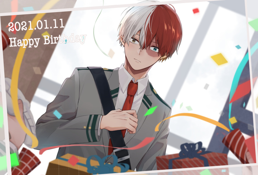 1boy 2others bangs blue_eyes boku_no_hero_academia burn_scar closed_mouth collared_shirt commentary_request confetti dated gift grey_jacket hair_between_eyes happy_birthday heterochromia highres jacket long_sleeves looking_at_viewer male_focus multicolored_hair multiple_others necktie noizu_(noi_hr) red_neckwear redhead scar shirt short_hair solo_focus striped todoroki_shouto two-tone_hair white_hair white_shirt