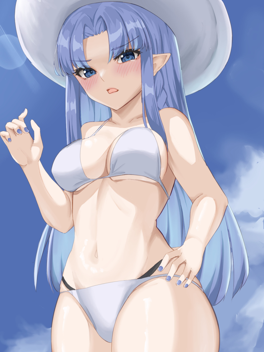 1girl 72_(mmmmkk) bare_shoulders bikini black_panties blue_eyes blue_hair blue_nails blue_sky blush braid breasts clevage clouds collarbone commentary_request cowboy_shot eyebrows_visible_through_hair fate/grand_order fate/stay_night fate_(series) from_below hand_on_hip hand_up hat highres inner_sideboob long_hair looking_at_viewer medea_(fate) medium_breasts navel open_mouth panties pointy_ears side_braid sideboob sky solo stomach sun_hat sunlight swimsuit underboob underwear white_bikini white_headwear