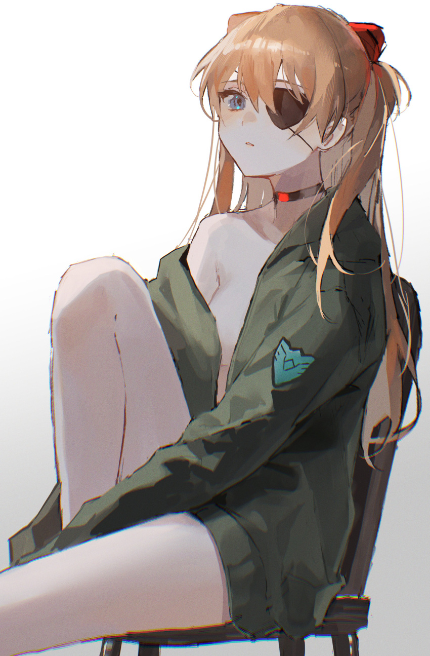1girl absurdres bangs bare_shoulders black_eyepatch blue_eyes brown_hair chair collar collarbone commentary eyepatch green_jacket hair_between_eyes hair_ornament highres jacket leg_up long_hair long_sleeves looking_at_viewer naked_jacket neon_genesis_evangelion oyuyu parted_lips simple_background sitting solo souryuu_asuka_langley two_side_up white_background