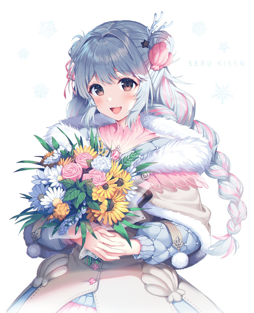 1girl :d aqua_hair bangs bouquet braid brown_eyes character_name commentary copyright_request double_bun english_commentary flower fur_trim hair_bun hair_intakes hair_ornament highres holding holding_bouquet long_hair looking_at_viewer multicolored_hair open_mouth pink_hair satchely seru_kisen smile solo two-tone_hair upper_body virtual_youtuber