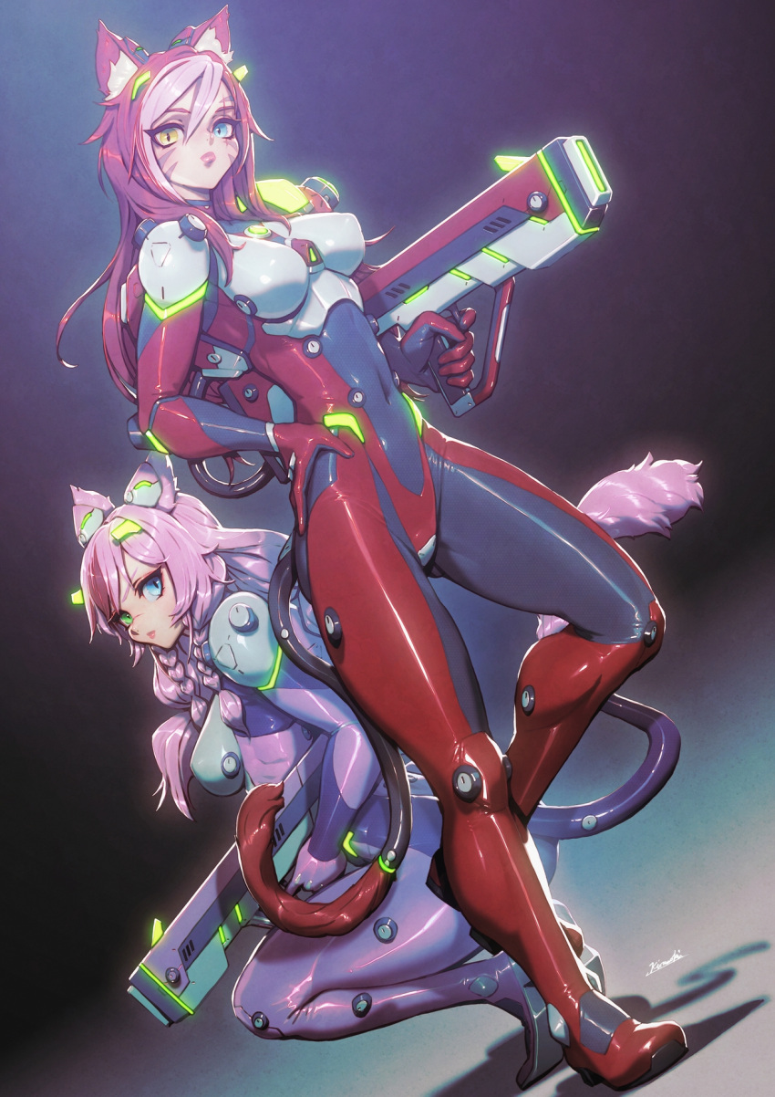 2girls animal_ears armor bodysuit breastplate breasts cat_ears cat_tail dutch_angle facial_mark fictional_persona final_fantasy final_fantasy_xiv gun hand_on_hip heterochromia highres holding holding_gun holding_weapon kio_naoki long_hair medium_breasts miqo'te multiple_girls pink_hair redhead sabrith_ebonclaw scar scar_across_eye scar_on_face scar_on_nose shoulder_armor squatting standing standing_on_one_leg tail tayelle_ebonclaw weapon whisker_markings