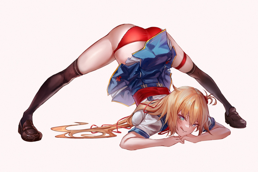 1girl akai_haato arm_rest bangs blonde_hair blue_eyes eyebrows_visible_through_hair flexible full_body hair_ornament hair_ribbon highres hololive hyde_(tabakko) jack-o'_challenge licking_lips long_hair looking_at_viewer meme one_side_up panties red_panties red_ribbon ribbon simple_background smile solo spread_legs tongue tongue_out top-down_bottom-up twitter underwear very_long_hair virtual_youtuber white_background wide_spread_legs