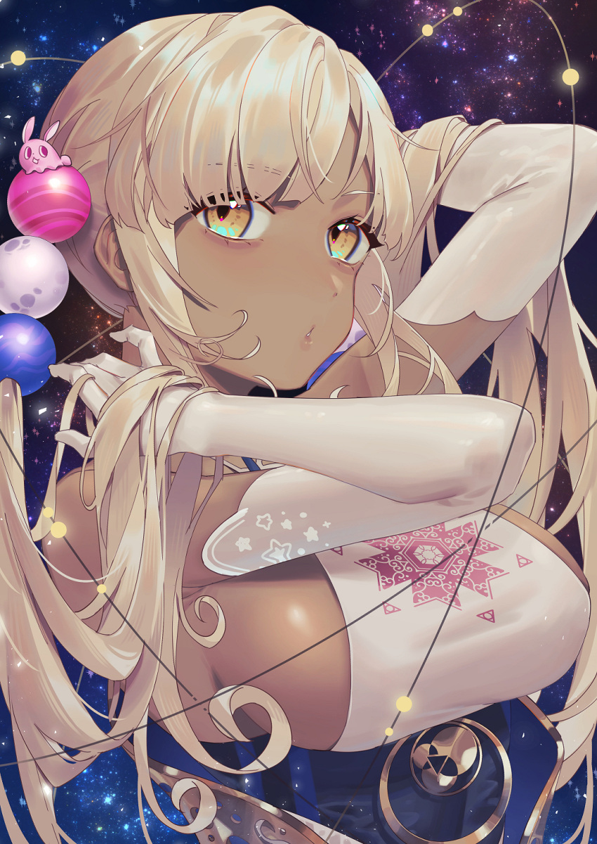 1girl :o adjusting_hair backless_outfit bangs belt breasts dark-skinned_female dark_skin elbow_gloves gloves halter_top halterneck highres hololive hololive_english large_breasts long_hair looking_at_viewer planet_hair_ornament platinum_blonde_hair sideboob sidelocks sky solo space star_(sky) starry_sky starry_sky_print tsukumo_sana twintails underbust upper_body very_long_hair virtual_youtuber wenz white_gloves yellow_eyes