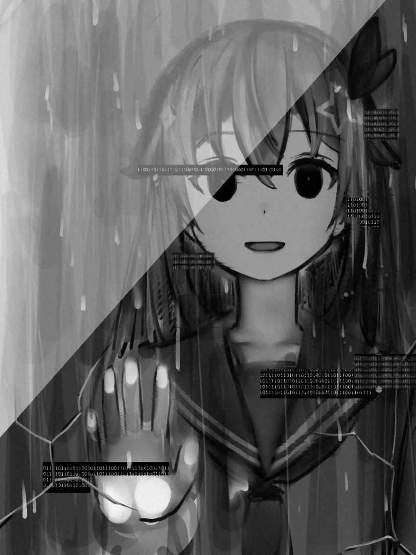 1girl :d against_fourth_wall against_glass binary bow cracked_glass dot_nose empty_eyes glitch greyscale hair_between_eyes hair_bow hair_flaps hair_ornament hand_up highres hololive horror_(theme) long_hair looking_at_viewer monochrome nanashi_(nlo) open_mouth school_uniform serafuku smile solo star_(symbol) star_hair_ornament tokino_sora