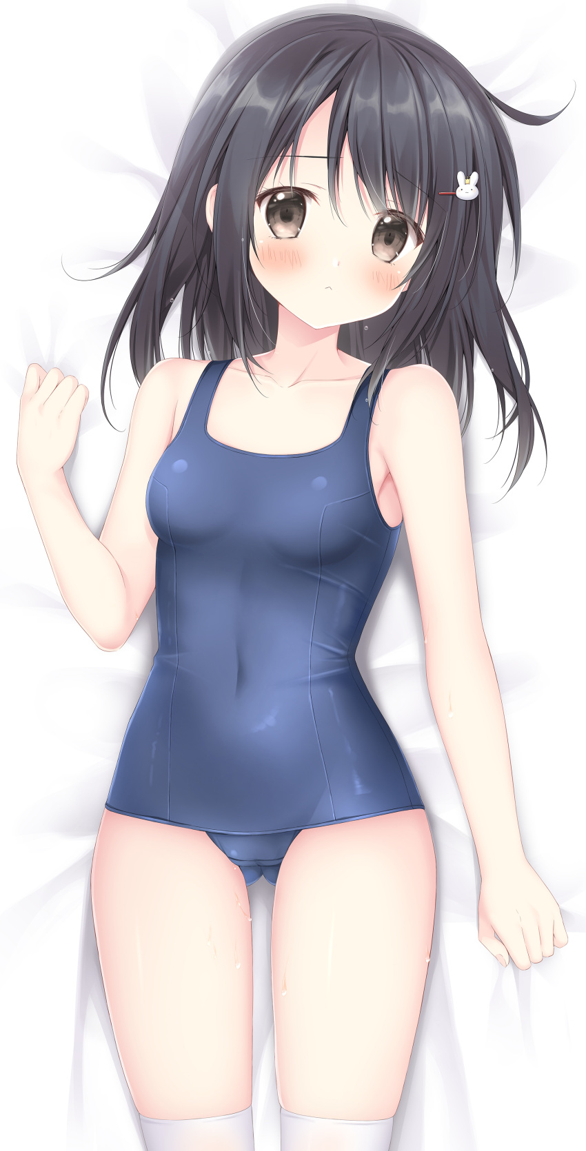 1girl :&lt; absurdres ass_visible_through_thighs bangs bare_shoulders bed_sheet black_hair blue_swimsuit blush breasts brown_eyes bunny_hair_ornament closed_mouth commentary covered_navel eyebrows_visible_through_hair hair_ornament highres kneehighs korie_riko long_hair looking_at_viewer lying old_school_swimsuit on_back original school_swimsuit sheet_grab small_breasts solo swimsuit wet white_legwear