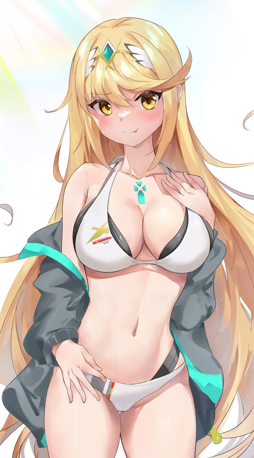 1girl absurdres alternate_costume bangs bikini blonde_hair breasts chest_jewel highres kiiro_kimi large_breasts long_hair mythra_(xenoblade) navel solo swept_bangs swimsuit very_long_hair xenoblade_chronicles_(series) xenoblade_chronicles_2 yellow_eyes