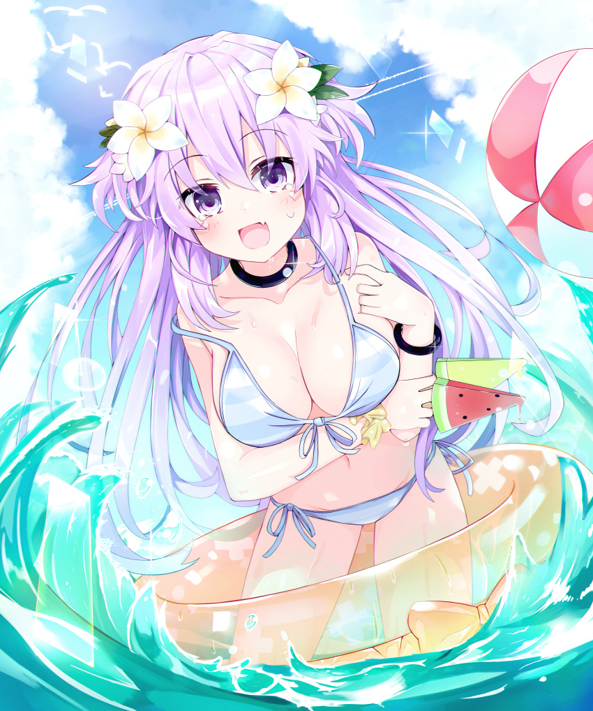 1girl absurdres adult_neptune bikini black_choker bracelet breasts choker eyebrows_visible_through_hair giga-tera hair_ornament highres huge_filesize innertube jewelry long_hair looking_at_viewer medium_breasts neptune_(series) ocean open_mouth outdoors purple_hair shin_jigen_game_neptune_vii short_hair smile swimsuit violet_eyes