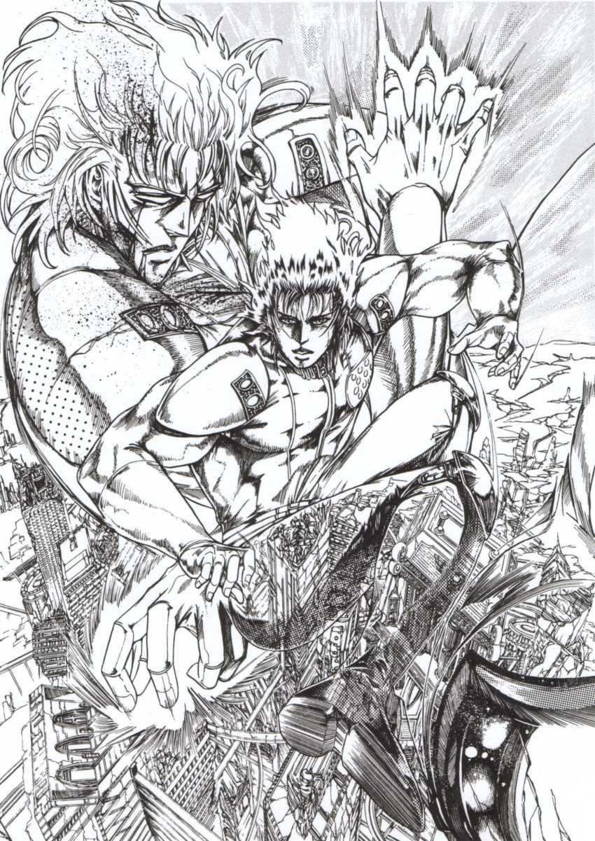 1boy afterimage apocalypse arm_guards armor boots city cityscape closed_mouth commentary_request crack desert energy facing_viewer greyscale highres hitting hokuto_no_ken injury long_hair looking_at_viewer male_focus monochrome multiple_views muscular muscular_male parted_lips pauldrons rei_(hokuto_no_ken) ruins serious shoulder_armor solo user_majy8437