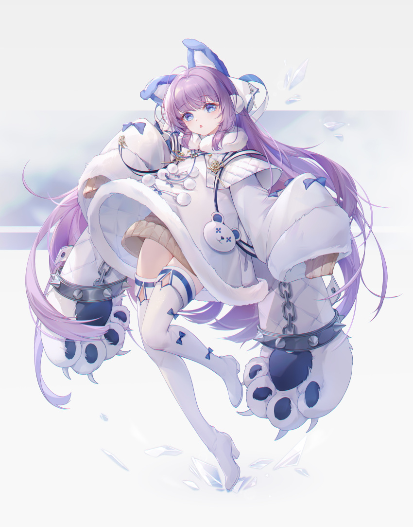 1girl absurdres animal_ears animal_hands azur_lane bangs blue_eyes boots brown_sweater capelet chain chinese_commentary coat commentary_request eyebrows_visible_through_hair fake_animal_ears full_body fur-trimmed_capelet fur-trimmed_coat fur_trim high_heel_boots high_heels highres irisrey long_sleeves looking_at_viewer parted_lips purple_hair sleeves_past_fingers sleeves_past_wrists solo standing standing_on_one_leg sweater tashkent_(azur_lane) thigh-highs thigh_boots white_capelet white_coat white_footwear white_legwear wide_sleeves