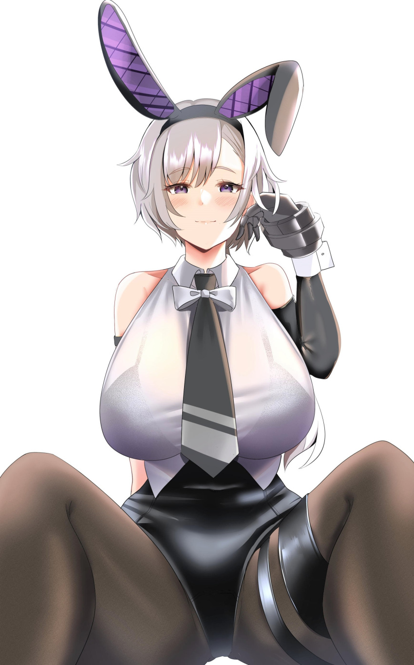 1girl absurdres animal_ears arm_behind_back arm_strap azur_lane bangs bare_shoulders black_bra black_gloves black_hairband black_legwear black_leotard black_neckwear blush bow bowtie bra breasts closed_mouth collarbone commentary cowboy_shot crop_top elbow_gloves eyebrows_visible_through_hair fake_animal_ears gloves grey_hair hair_between_eyes hairband hand_up highres large_breasts leotard leotard_under_clothes long_hair looking_at_viewer low_ponytail metal_gloves nail_polish necktie official_alternate_costume pantyhose parted_hair playboy_bunny rabbit_ears reno_(azur_lane) reno_(reno_bunnino)_(azur_lane) see-through_shirt shirt side-tie_leotard sideboob sidelocks simple_background single_elbow_glove sitting sleeveless sleeveless_shirt smile solo thigh_strap underwear violet_eyes white_background white_neckwear white_shirt wrist_cuffs yoru_(77957792)