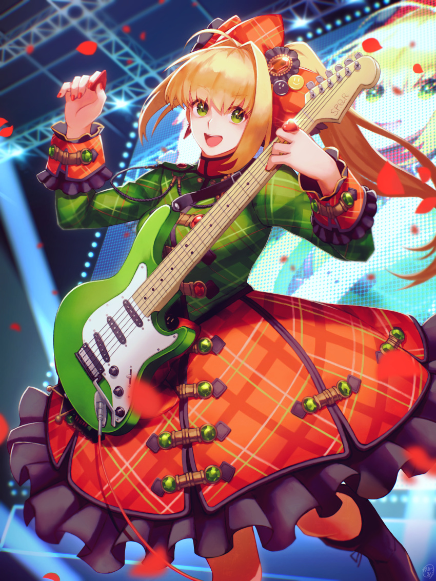1girl absurdres ahoge bangs blonde_hair braid breasts fate/extra fate/grand_order fate_(series) french_braid green_eyes green_shirt guitar hair_between_eyes hair_intakes hair_ornament highres instrument kankitsurui_(house_of_citrus) large_breasts long_hair long_sleeves looking_at_viewer lostroom_outfit_(fate) nero_claudius_(fate) nero_claudius_(fate/extra) open_mouth orange_skirt petals plectrum shirt side_ponytail skirt smile solo