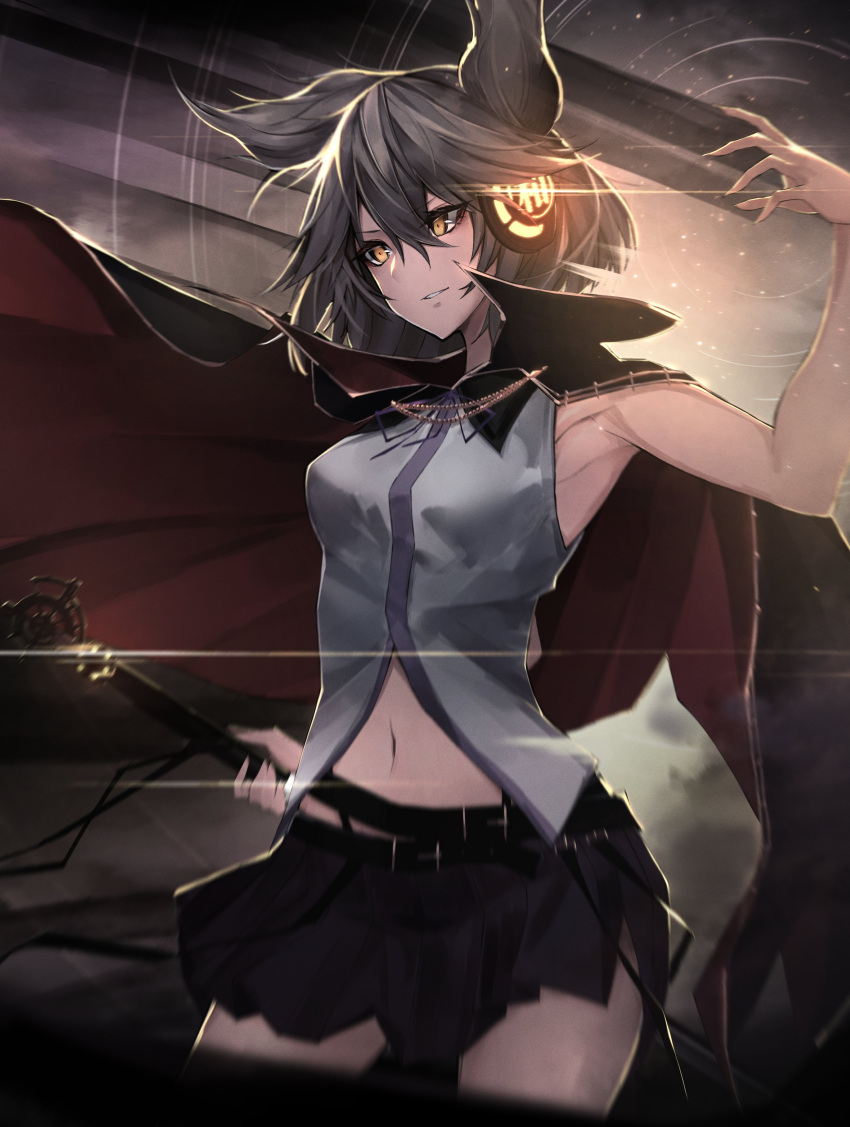1girl absurdres armpits bangs belt black_skirt brown_eyes brown_hair cape earmuffs hair_between_eyes highres holding holding_sword holding_weapon migata navel parted_lips pointy_hair sheath sheathed shirt short_hair skirt sleeveless sleeveless_shirt solo sword touhou toyosatomimi_no_miko weapon white_shirt