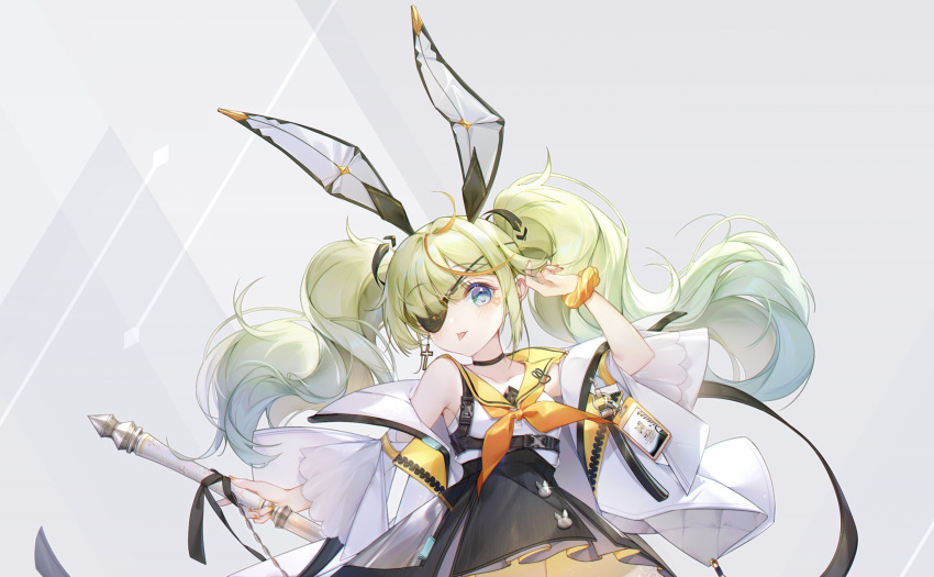 1girl :p animal_ears bangs black_skirt blue_eyes blush breasts chinese_commentary commentary_request eyebrows_visible_through_hair eyepatch facial_mark fake_animal_ears green_hair highres holding holding_staff id_card irisrey jacket long_hair looking_at_viewer nail_polish neckerchief off_shoulder open_clothes open_jacket orange_nails orange_neckwear original rabbit_ears sailor_collar scrunchie shirt skirt solo staff star_(symbol) tongue tongue_out twintails upper_body white_jacket white_shirt wrist_scrunchie yellow_sailor_collar
