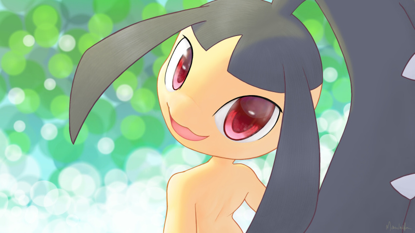 :d commentary english_commentary gen_3_pokemon highres looking_at_viewer looking_back mawaifu mawile open_mouth pokemon pokemon_(creature) red_eyes smile solo tongue upper_body