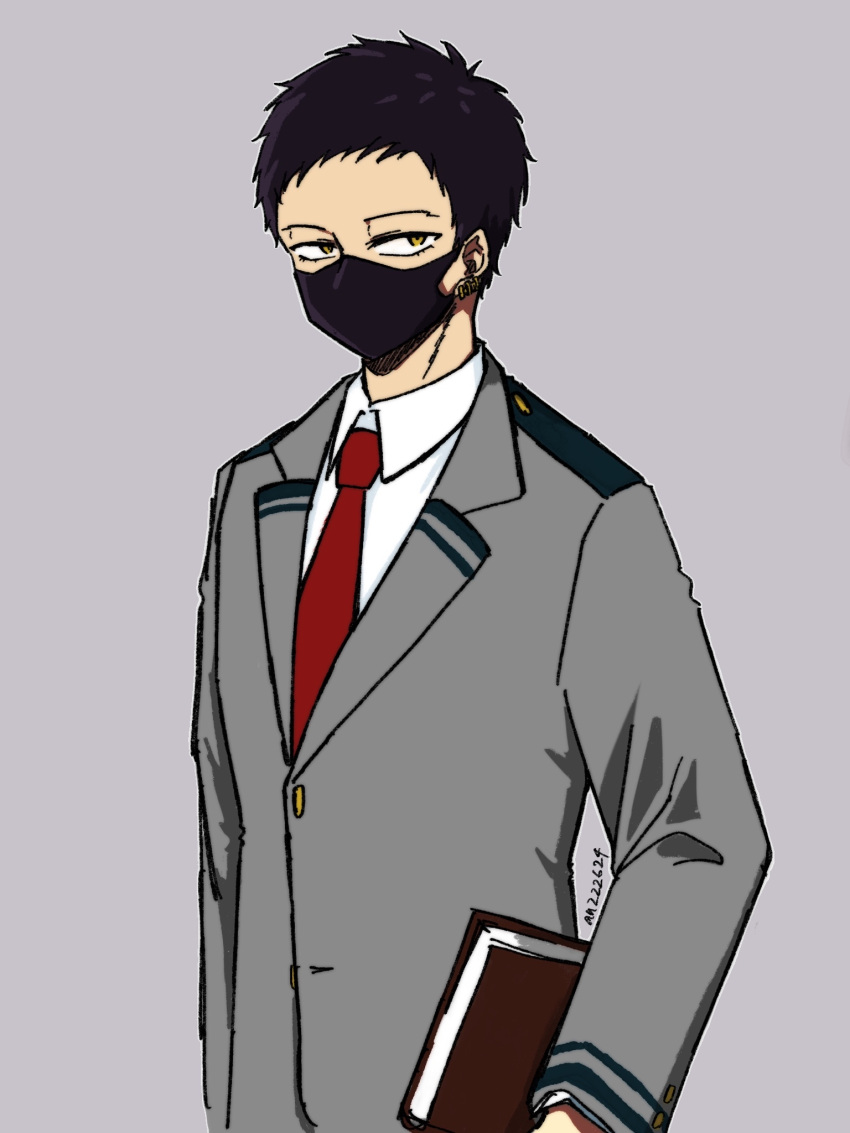 1boy alternate_costume anz_(anzzz624) black_hair boku_no_hero_academia book brown_eyes collared_shirt commentary_request earrings grey_background grey_jacket highres holding jacket jewelry male_focus mask mouth_mask necktie overhaul_(boku_no_hero_academia) red_neckwear school_uniform shirt short_hair simple_background solo u.a._school_uniform upper_body white_shirt