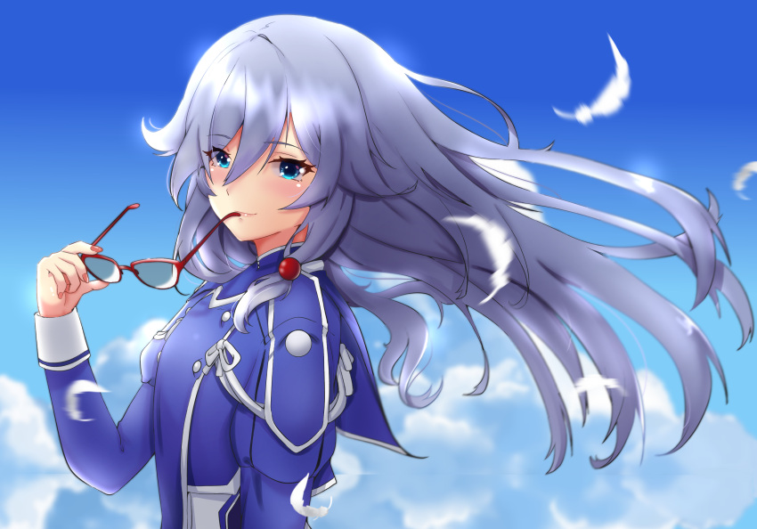 1girl bangs black_hair blue_eyes blue_sky closed_mouth clouds cloudy_sky feathers fu_hua fu_hua_(valkyrie_accipter) glasses hair_between_eyes highres holding holding_eyewear honkai_(series) honkai_impact_3rd lion_space lips long_hair long_sleeves looking_at_viewer sky smile solo
