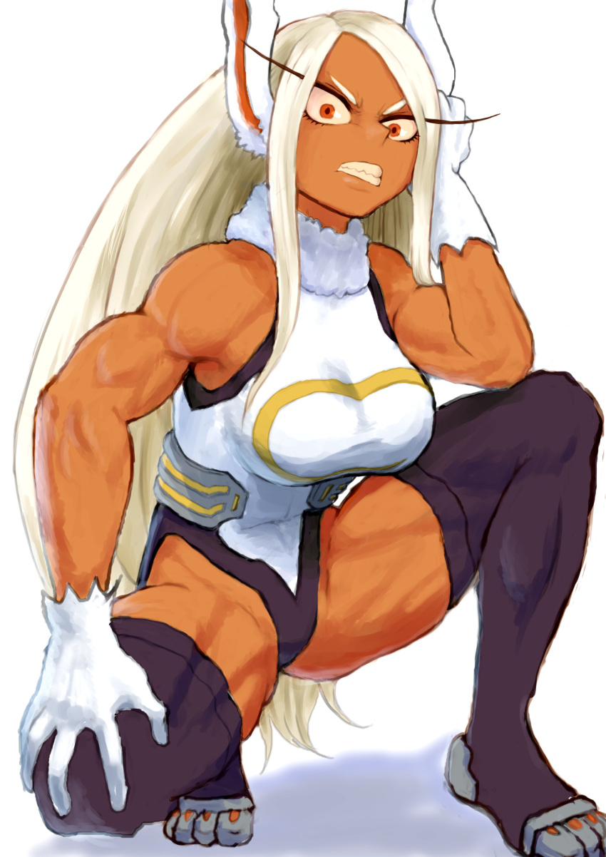 1girl angry animal_ears biceps boku_no_hero_academia breasts clenched_teeth crescent_print dark-skinned_female dark_skin fur_collar hand_on_own_head hand_on_own_knee highleg highleg_leotard highres leotard long_hair looking_at_viewer maswaka mirko muscular muscular_female rabbit_ears rabbit_girl red_eyes shadow simple_background solo squatting superhero tan taut_leotard teeth thick_thighs thigh-highs thighs toned very_long_hair white_background white_hair white_leotard