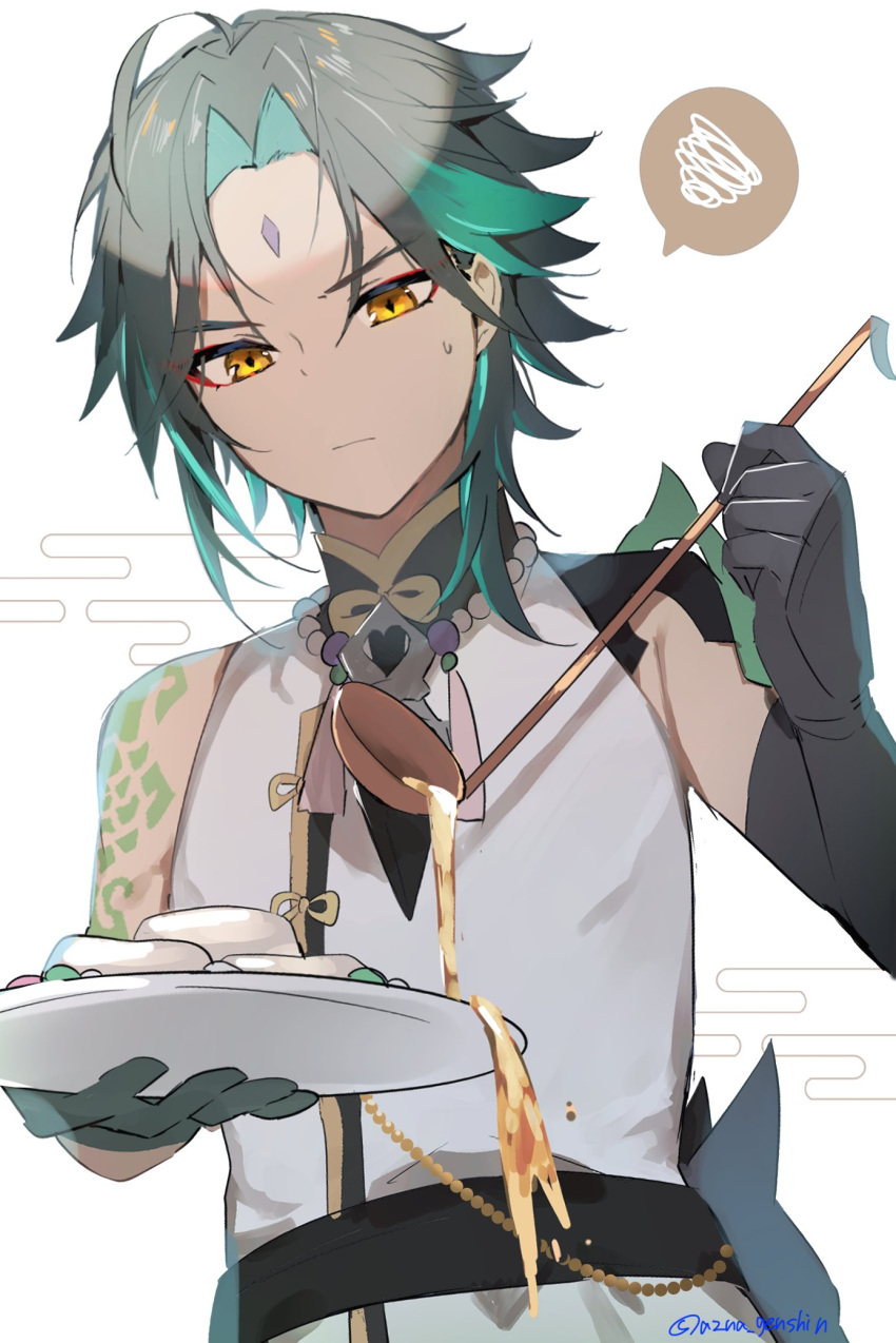 1boy ahoge almond_tofu_(genshin_impact) arm_guards arm_tattoo asymmetrical_clothes azna bead_necklace beads black_hair detached_sleeves diamond-shaped_pupils diamond_(shape) eyeshadow facial_mark food forehead_mark frown genshin_impact gloves green_gloves green_hair highres holding holding_plate jewelry makeup multicolored_hair necklace plate red_eyeshadow serving short_hair short_hair_with_long_locks shoulder_pads sidelocks signature single_bare_shoulder single_detached_sleeve solo speech_bubble spilling sweatdrop symbol-shaped_pupils tattoo tofu twitter_username two-tone_hair xiao_(genshin_impact) yellow_eyes