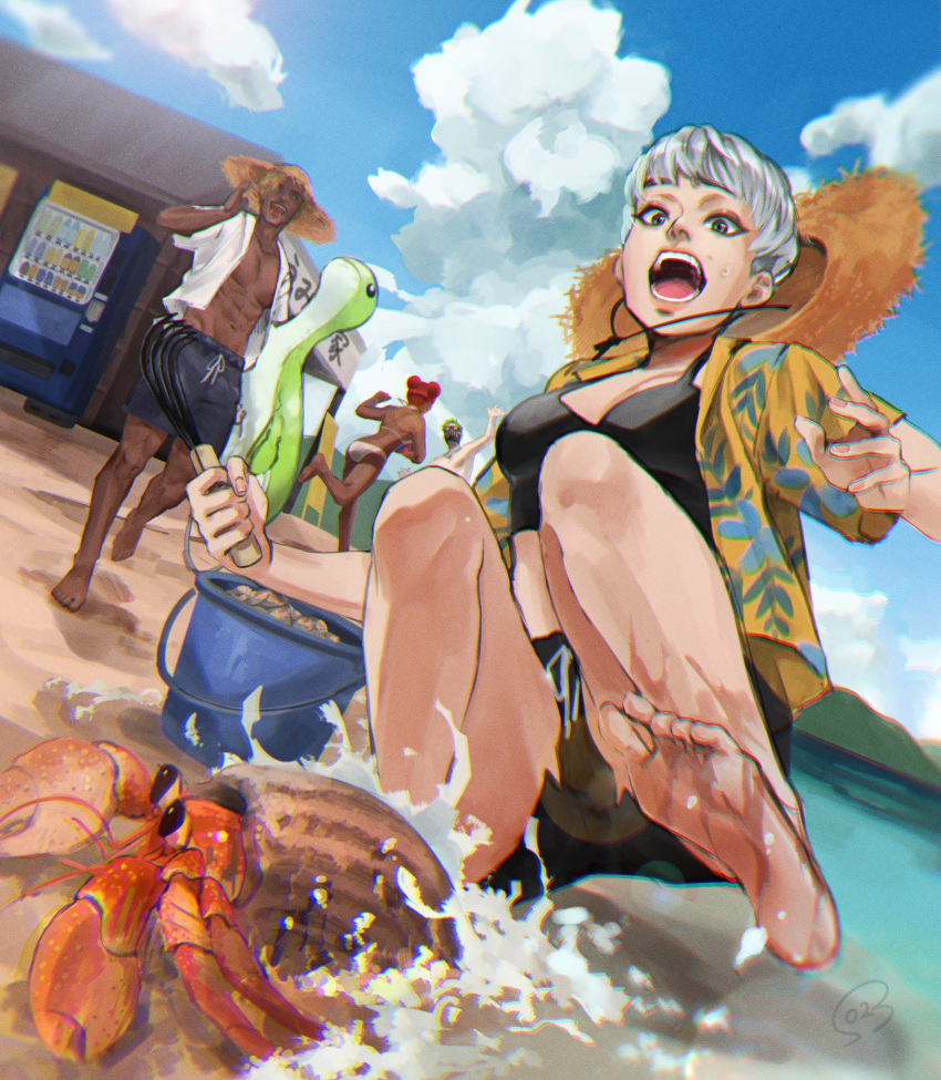 2boys 2girls abs apex_legends barefoot bikini black_shorts blonde_hair blue_eyes blue_shorts bossan_3310 breasts chromatic_aberration crab dark-skinned_female dark-skinned_male dark_skin double_bun goggles green_hair hair_behind_ear hat hermit_crab highres holding jewelry lifeline_(apex_legends) medium_breasts multiple_boys multiple_girls necklace nessie_(respawn) octane_(apex_legends) open_hand pink_bikini redhead scared seer_(apex_legends) shirt shirtless short_hair shorts silver_hair sky soles straw_hat surprised swimsuit valkyrie_(apex_legends) vending_machine white_shirt