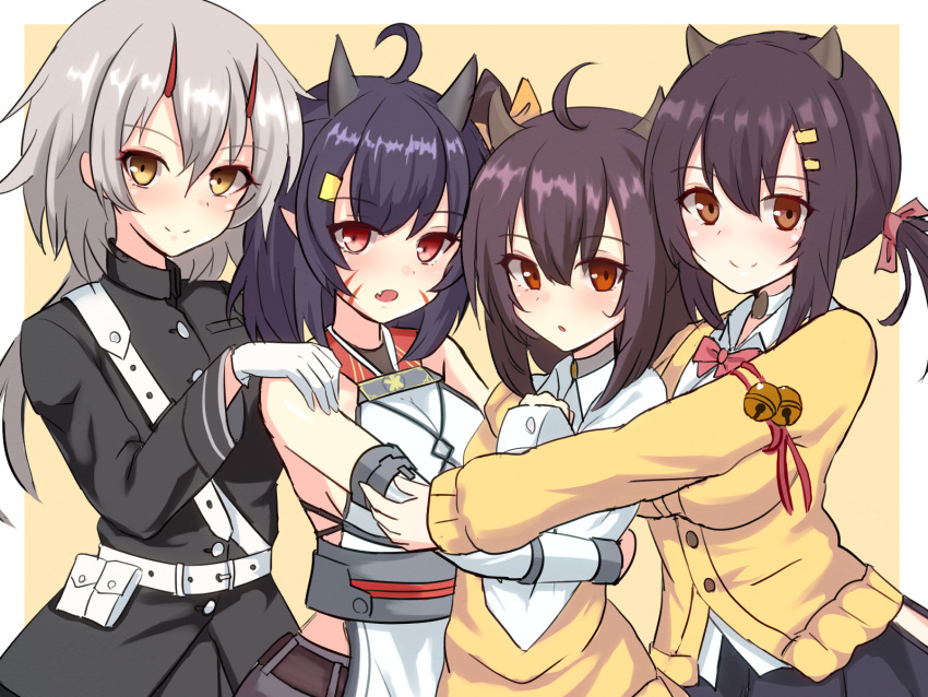 4girls abc_(type5_labyrith) abukuma_(azur_lane) ahoge azur_lane bangs bare_shoulders bell belt black_hair black_jacket blush bow bowtie breasts brown_eyes brown_shorts cardigan choker closed_mouth collared_shirt commentary_request cowboy_shot detached_sleeves eyebrows_visible_through_hair facial_mark fang gloves hair_between_eyes hair_bow hair_ornament hair_ribbon hairclip hand_up hands_on_another's_shoulders highres horns hug isuzu_(azur_lane) jacket jingle_bell kinu_(azur_lane) large_breasts long_hair long_sleeves looking_at_viewer low_ponytail medium_breasts medium_hair military military_uniform multiple_girls nagara_(azur_lane) off_shoulder oni_horns open_mouth oversized_clothes parted_lips pink_neckwear pink_ribbon pleated_skirt pointy_ears red_eyes ribbon shirt short_hair shorts side_ponytail sidelocks silver_hair skin_fang skirt sleeveless sleeveless_shirt sleeves_past_wrists smile standing twintails underbust uniform white_background white_belt white_choker white_gloves white_shirt white_sleeves yellow_background yellow_bow yellow_cardigan yellow_eyes